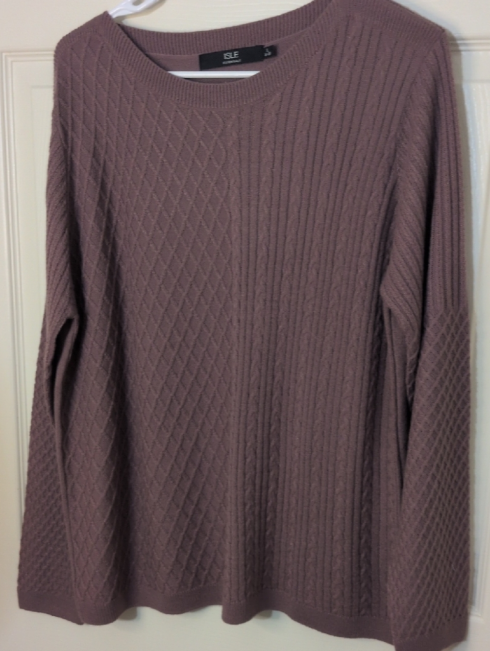ISLE Mauve/Plum Cable & Diamond Knit Crew Neck Sweater, Size Large
